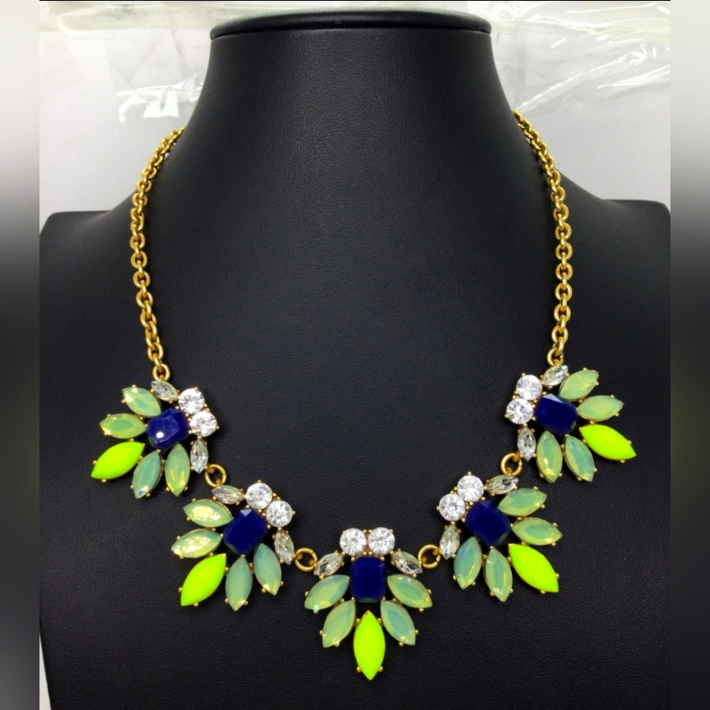 J. Crew Green/Blue Rhinestone Statement Necklace 18"